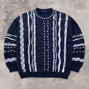 Bueckle German Sweater Navy White Coogi Style Geometric Knit Jumper L Wool Baggy